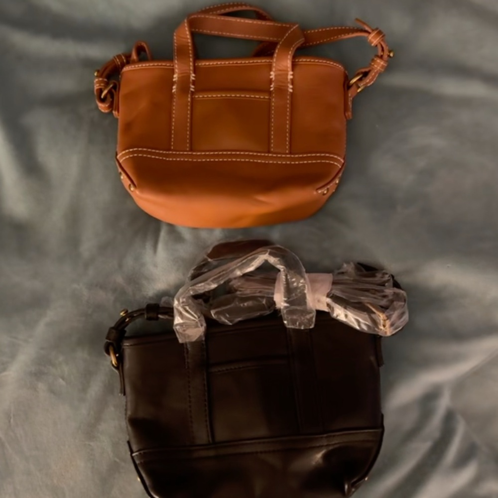 2 J. Crew Mini Mantauk leather tote bags in back (NWT) and tan (used once)